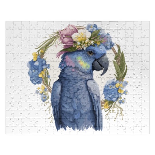 Cute Hyacinth Macaw Parrot Bird Flower Crown Pet B Jigsaw Puzzles