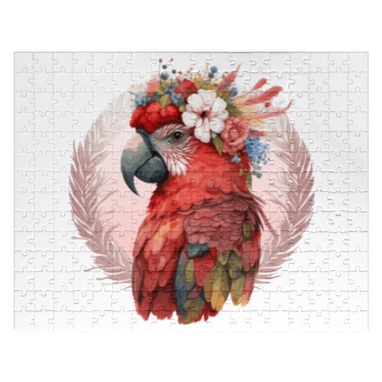 Red Scarlet Macaw Flower Crown Parrot Watercolor B Jigsaw Puzzles