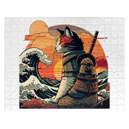 Retro samurai cat The Great Wave Hokusai Jigsaw Puzzles