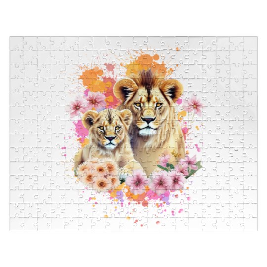 Lion Mom & Son Cubs with Flower Watercolor Jigsaw Puzzles