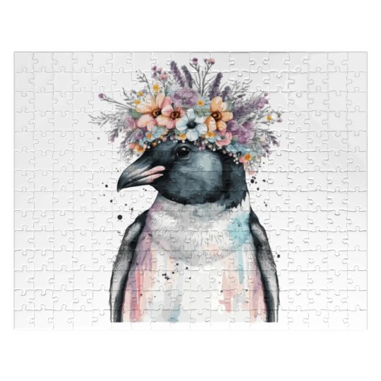 Cute Penguin Seabird Flower Crown Floral Birds Jigsaw Puzzles