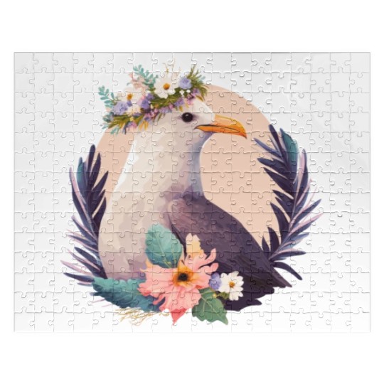 Cute Seagull Bird Flower Crown Floral Birds Jigsaw Puzzles