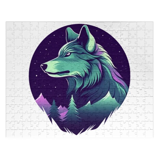 Starry Night Wolf With Northern Light Colors Jigsaw Puzzles
