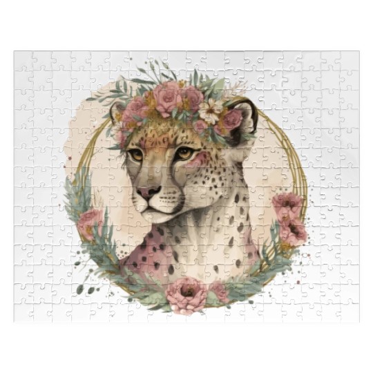 Cute Watercolor Cheetah Flower Crown Safari Animal Jigsaw Puzzles