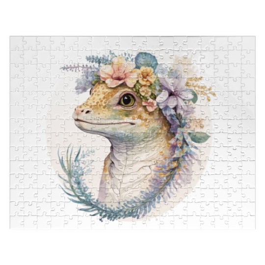 Watercolor Gecko Reptile Flower Crown Floral Amphi Jigsaw Puzzles