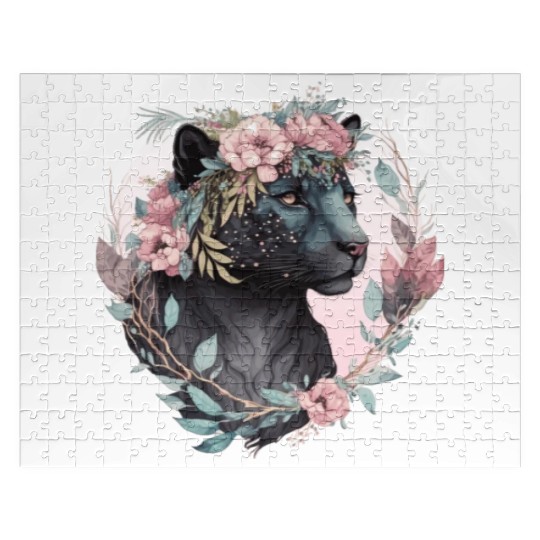 Floral Black Leopard Watercolor Flower Crown Graph Jigsaw Puzzles
