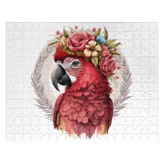 Scarlet Macaw Parrot Watercolor Bird Flower Crown Jigsaw Puzzles