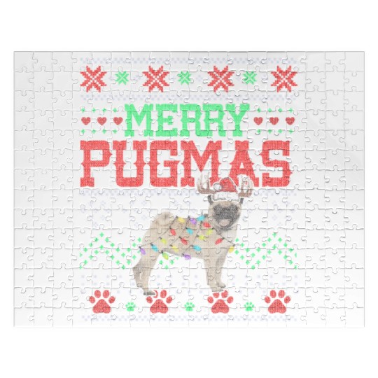 Merry Pugmas Santa Reindeer Pug Farmer Jigsaw Puzzles