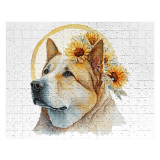 Cute Akita Sunflower Dog Breed Pet Puppy Jigsaw Puzzles