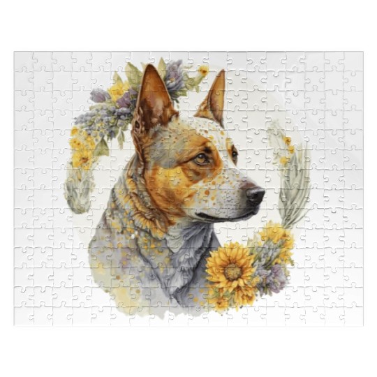 Watercolor Australian Cattle Sunflower Dog Breed P Jigsaw Puzzles