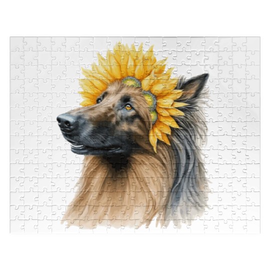 Watercolor Belgian Sheepdog Sunflower Dog Breed Pe Jigsaw Puzzles