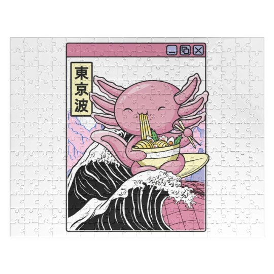 Axolotl Eating Ramen Kanagawa Wave Kawaii Japan Jigsaw Puzzles