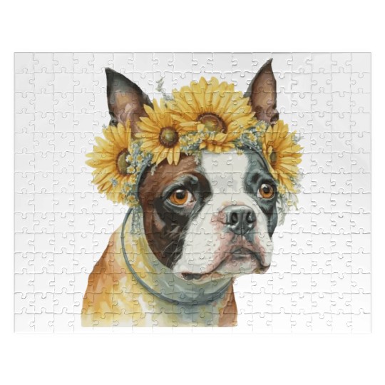 Cute Boston Terrier Sunflower Dog Breed Pet Puppy Jigsaw Puzzles