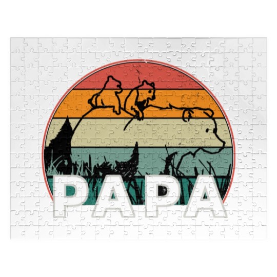 Papa Bear With Cubs Retro Grizzly Bear Forest Tree Jigsaw Puzzles