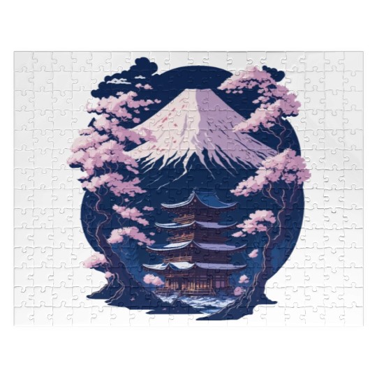 Mount Fuji and a Temple With Cherry Blossoms Jigsaw Puzzles