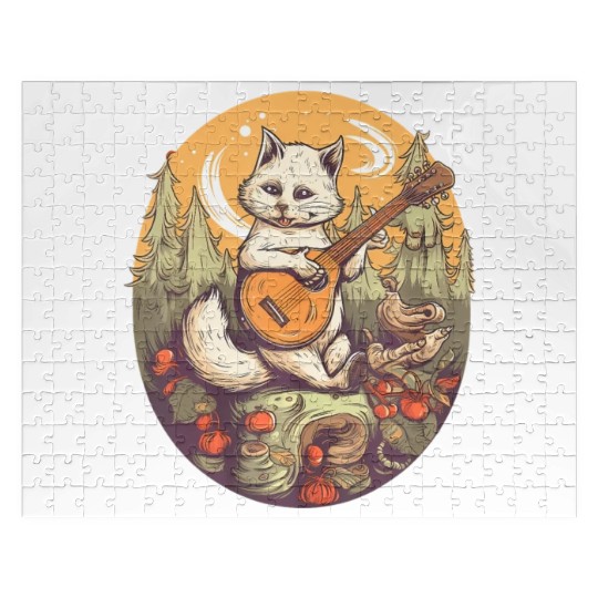 Cat Playing Banjo In The Forest in Cottagecore Jigsaw Puzzles