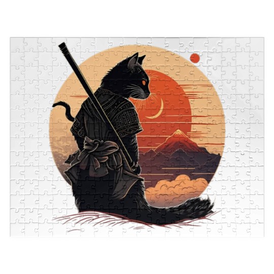 Vintage Japanese Sunset Style And Samurai Cat Kitt Jigsaw Puzzles