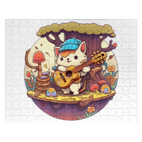 Cute Kawaii Cat Playing Guitar Banjo On Log Jigsaw Puzzles