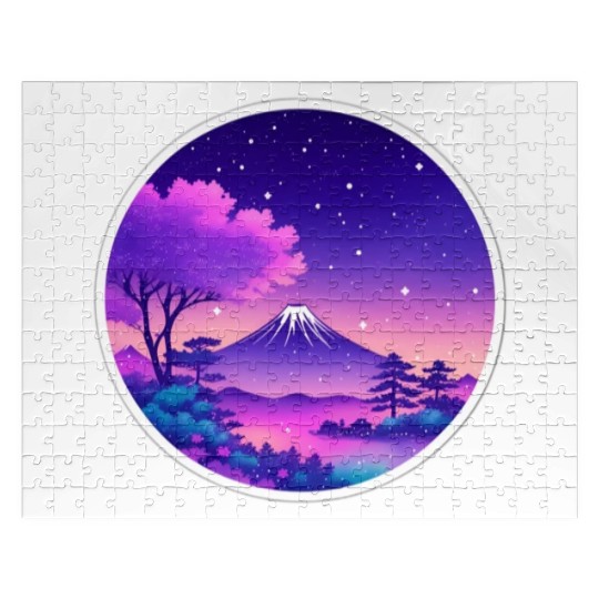 Japan Mount Fuji Night Sky Lo-Fi Art Retro Purple Jigsaw Puzzles
