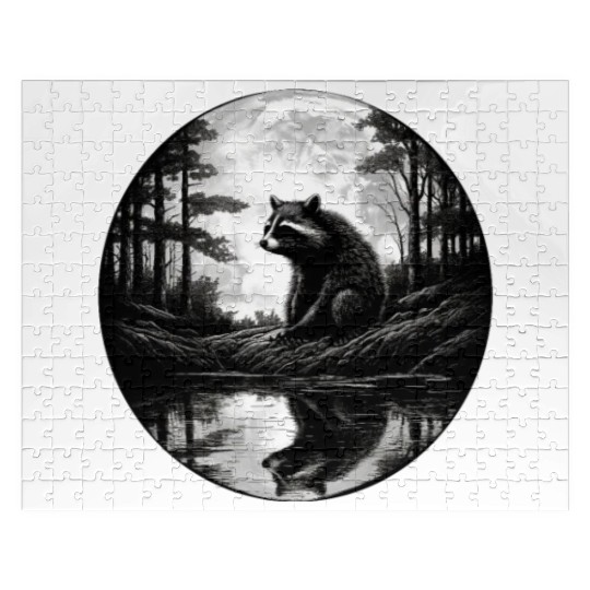 Raccoon Moon Forest Artwork Animal Art Raccoon Jigsaw Puzzles