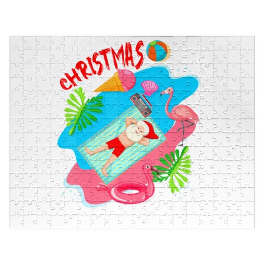 Christmas In July Santa Relaxing On Beach Cute Jigsaw Puzzles
