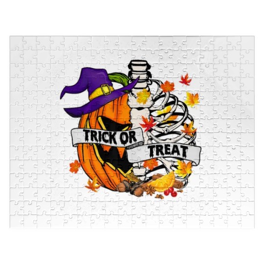 Retro Fall Leaves Trick Or Treat Halloween Pumpkin Jigsaw Puzzles