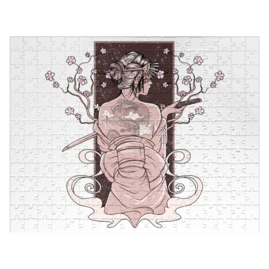 Vintage Japanese Katana Wo Kimono Cherry Blossoms Jigsaw Puzzles