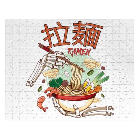 skeleton hands eating ramen noodle soup bowl art Jigsaw Puzzles