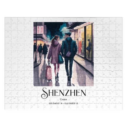 Loving couple walking in streets of Shenzhen China Jigsaw Puzzles