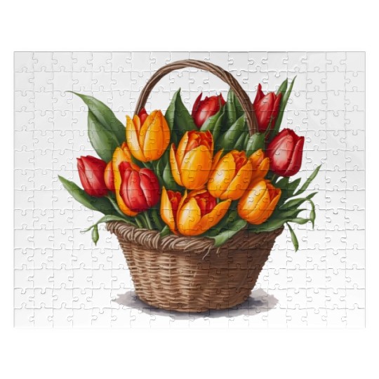 A bouquet of tulips in a basket. Jigsaw Puzzles