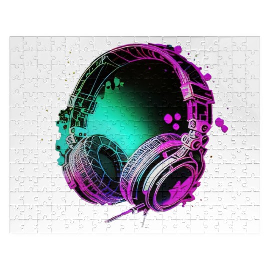 Neon DJ Headphones - Rainbow Rave Graffiti Art Jigsaw Puzzles