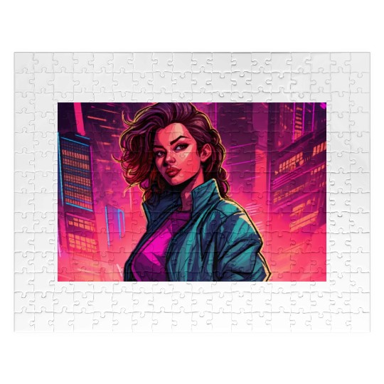 Girl in front of a Neon Pink Cityscape Jigsaw Puzzles