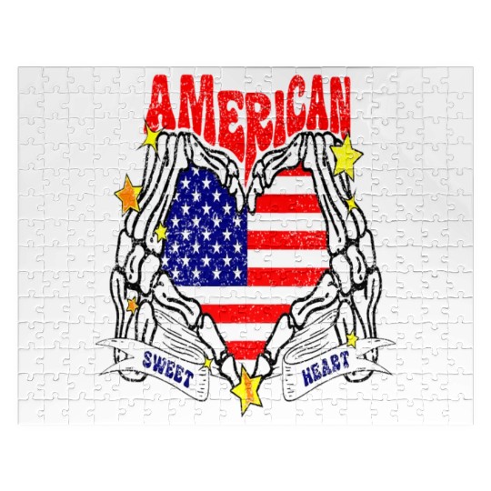 America Sweet Heart Skeleton Hands Heart Flag 4th Jigsaw Puzzles