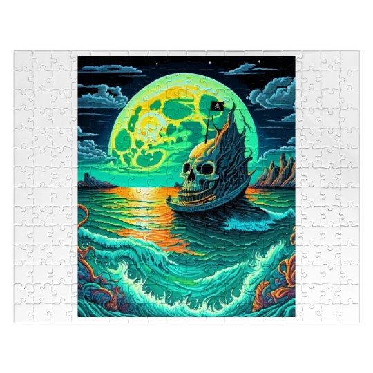 Pirate Ship With A Skull At Full Moon Jigsaw Puzzles