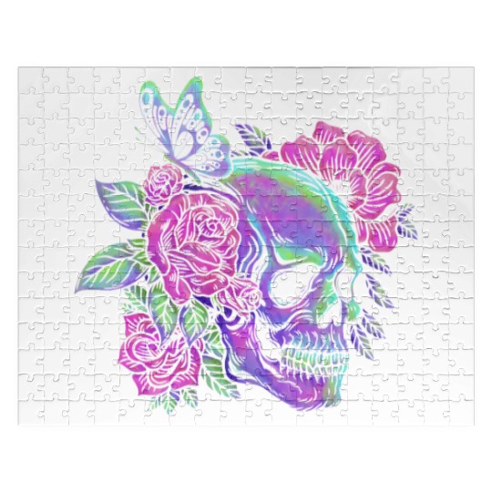 Skeleton Jigsaw Puzzles, Neon Skull Roses Gothic Skeleton