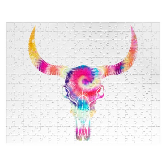 Cow Jigsaw Puzzles, Cow Skull Tie Dye Watercolor Jigsaw Puzzles, Cow