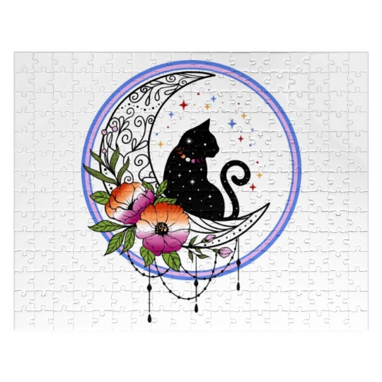 Galaxy Cat and Flowers in Lesbian Flag Colors Jigsaw Puzzles