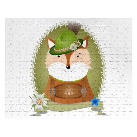 cute fox in costume with hat and leather trousers Jigsaw Puzzles
