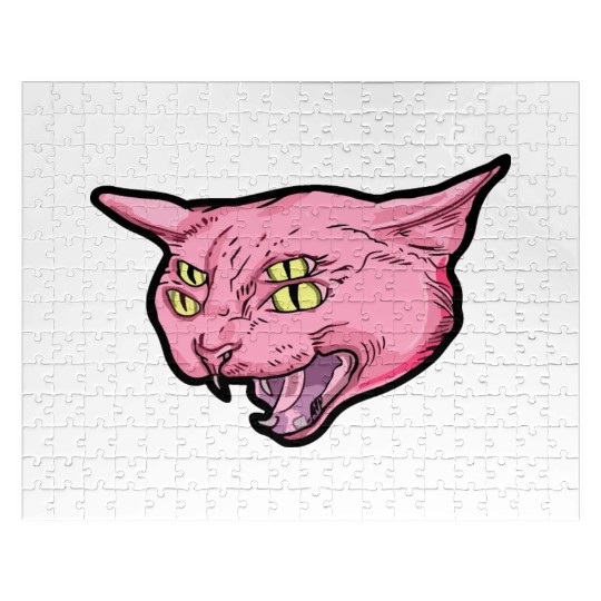 Weird strange pink cat with four eyes alien ufo Jigsaw Puzzles