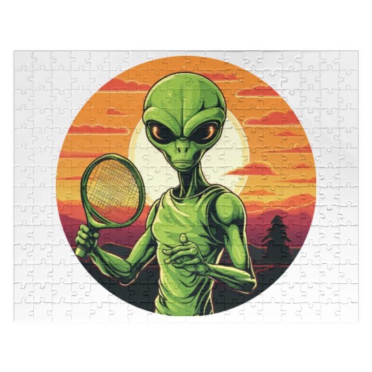 Alien playing Tennis/Badminton at Sunset Jigsaw Puzzles