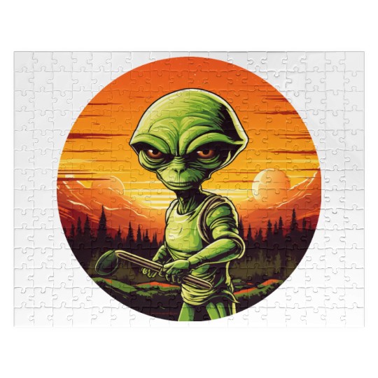 Green Alien Golfer - Extraterrestrial Playing Golf Jigsaw Puzzles