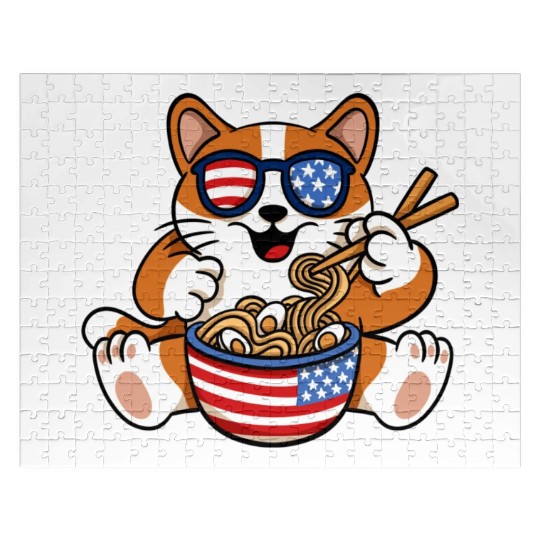 American Flag Cat Eating Ramen Food Lover Design Jigsaw Puzzles