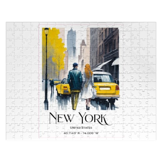 Watercolor painting loving couple in New York City Jigsaw Puzzles