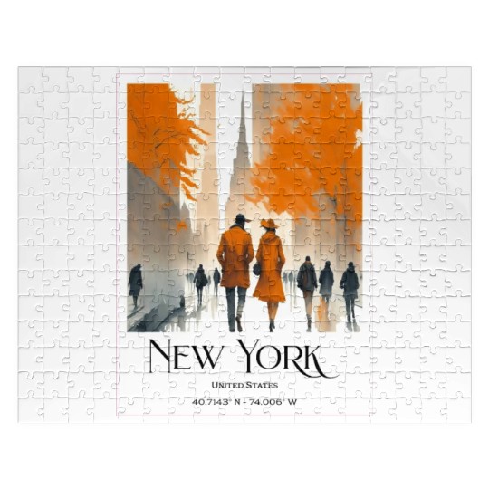 Watercolor painting loving couple in New York City Jigsaw Puzzles