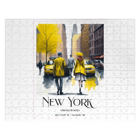 Watercolor painting loving couple in New York City Jigsaw Puzzles
