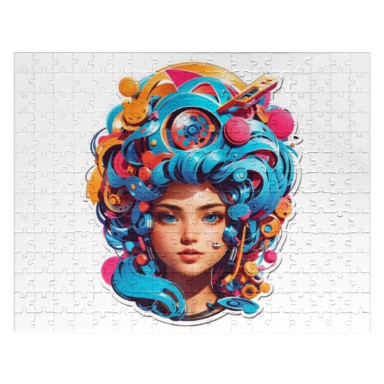 Psychedelic girl with multi color hair. futuristic Jigsaw Puzzles