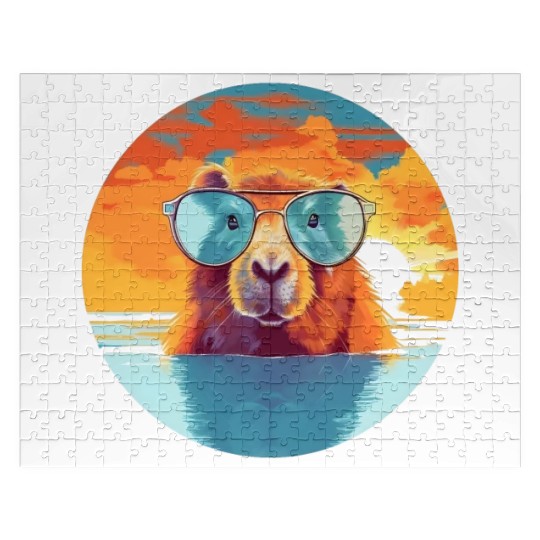 Sunset Serenity: Rustic Capybara Stripe Illustrate Jigsaw Puzzles