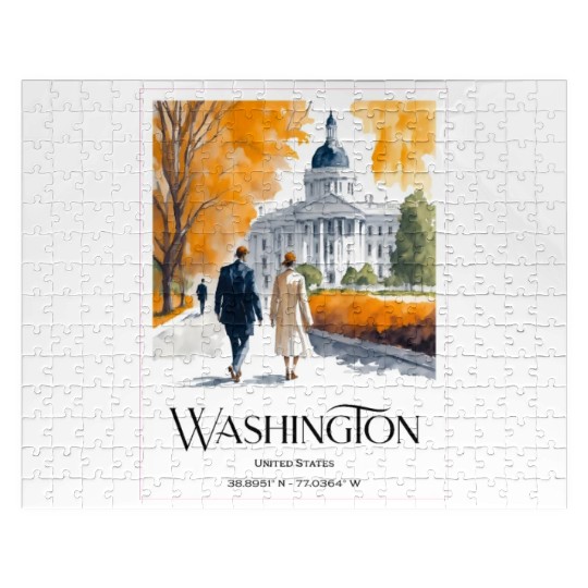 Watercolor painting loving couple in Washington DC Jigsaw Puzzles