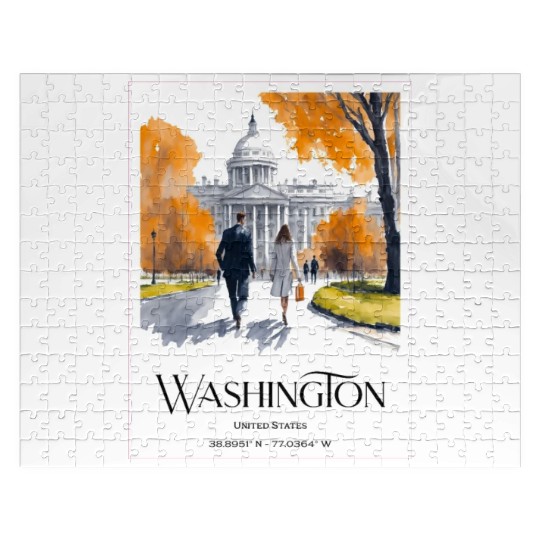 Watercolor painting loving couple in Washington DC Jigsaw Puzzles