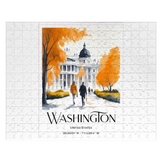 Watercolor painting loving couple in Washington DC Jigsaw Puzzles